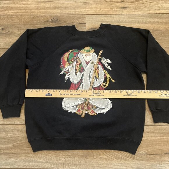 Santa Claus Sweatshirt SZ Medium Black Appliqué Hand Painted Southwestern Vtg - Picture 5 of 10